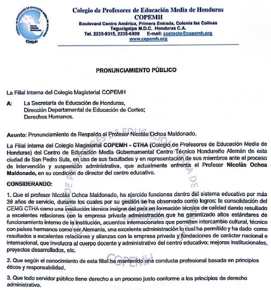 Comunidad educativa del CTHA respalda al profesor Nicolás Ochoa Maldonado
